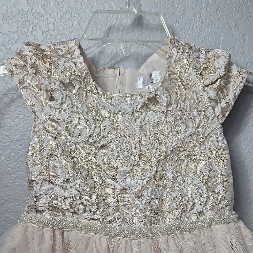 Biscotti Elegant Dress Gold Metallic Damask Flower Girl Formal Party Wedding